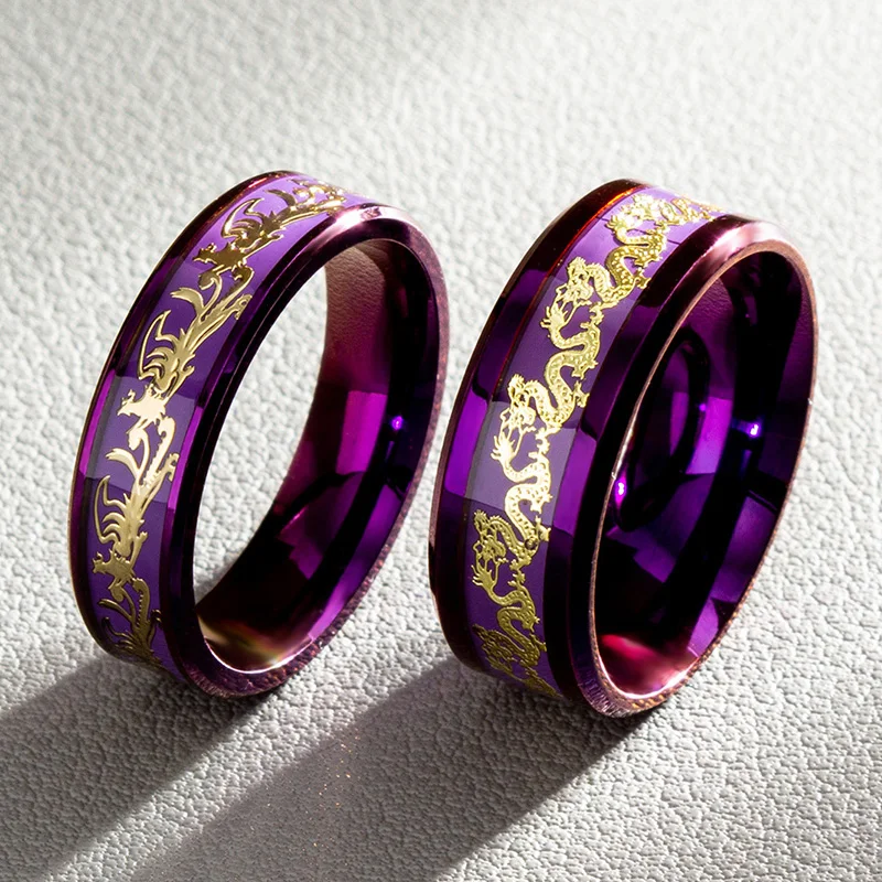 Bagues de couple dragon et phénix violet et or