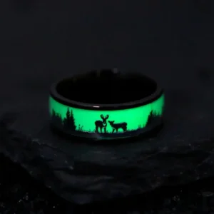 Lumen Cervus – Bague homme tungstène noir lumineuse cerf
