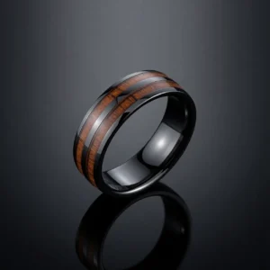 Koa Lux – Bague homme titane noir incrustée bois Koa