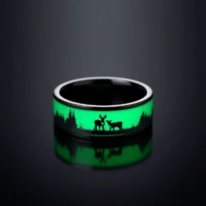 Lumen Cervus – Bague homme tungstène noir lumineuse cerf