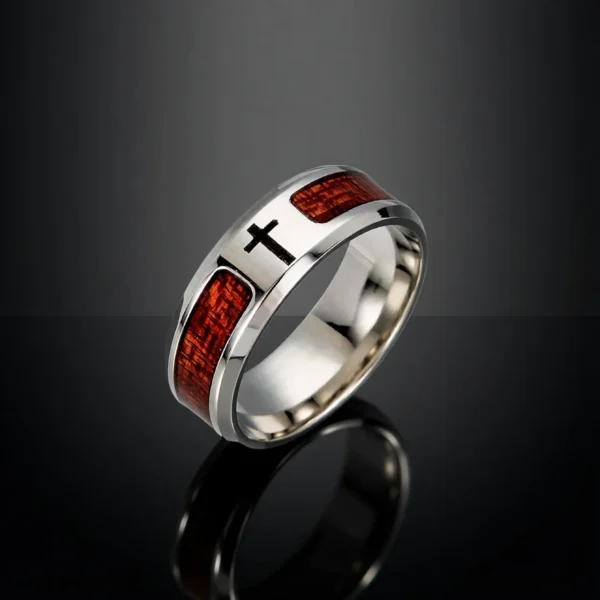 Sanctus – Bague homme titane et bois, croix gravée Sanctus – Bague homme titane et bois, croix gravée