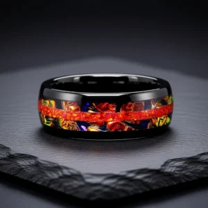 Aurora – Bague homme incrustation d’opale et de pierres 8mm – Noir / Opale feu