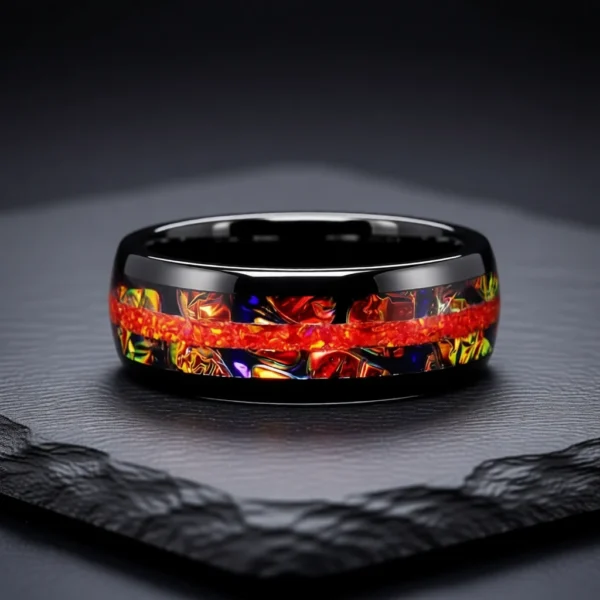 Aurora – Bague homme incrustation d’opale et de pierres 8mm – Noir / Opale feu