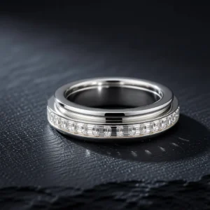 Lumina – Bague rotative zircons baguette en acier inoxydable – Argent