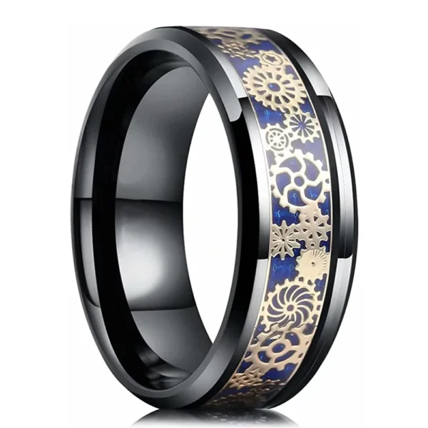 Machina – Bague homme rouages mécaniques en acier inoxydable 8mm – Onyx / Or