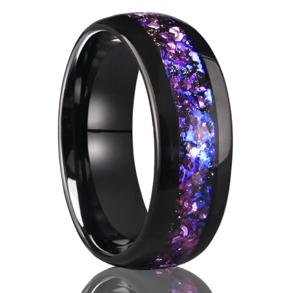 Nebula – Bague tungstène noir et éclats violets, collection Prestige – 8 mm Nebula – Bague tungstène noir et éclats violets, collection Prestige – 8 mm