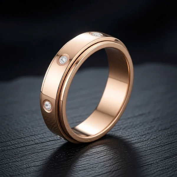 Orbite – Bague rotative en acier inoxydable, anneau central mobile – Or rose / Zircons