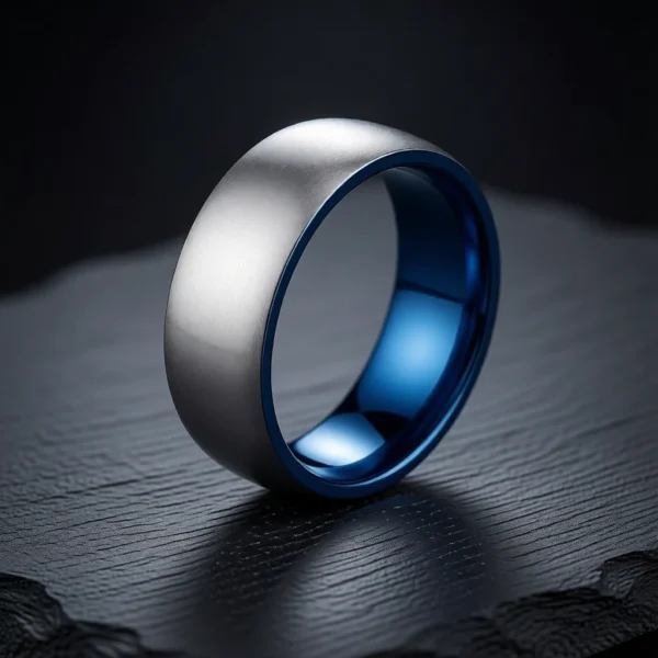Polaris – Bague homme titane brossé, intérieur coloré – Argent brossé / Intérieur bleu